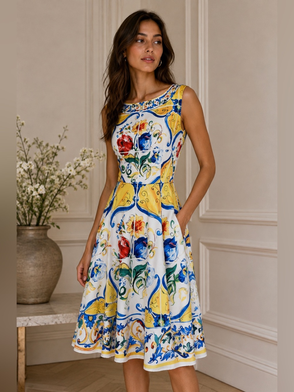 Runway style Dress featuring a vibrant Majolica tile print size M